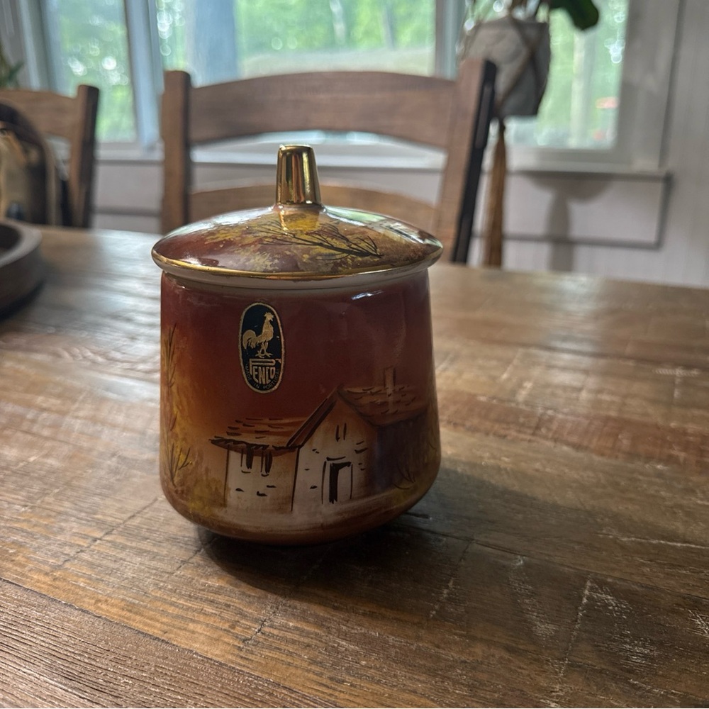 Hand-Painted Ceramic Lidded Jar with Gold Accent
